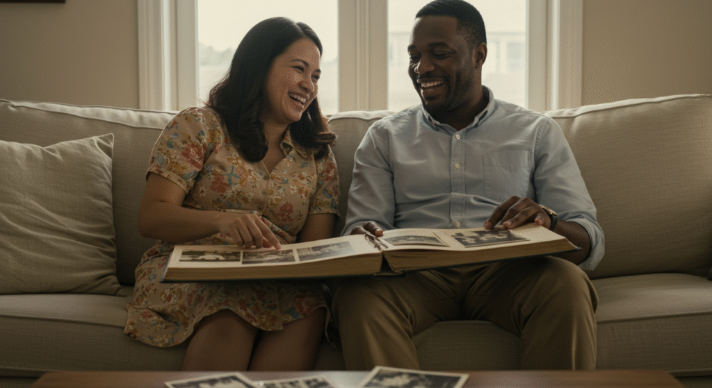 Interracial couple discussing childhood memories with photo albums on couch