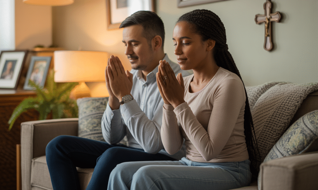 Married couple resolving conflict through calm and honest communication