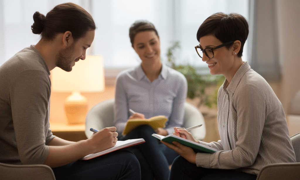 Couple journaling during a therapy session, reflecting on personal and relational growth in their marriage