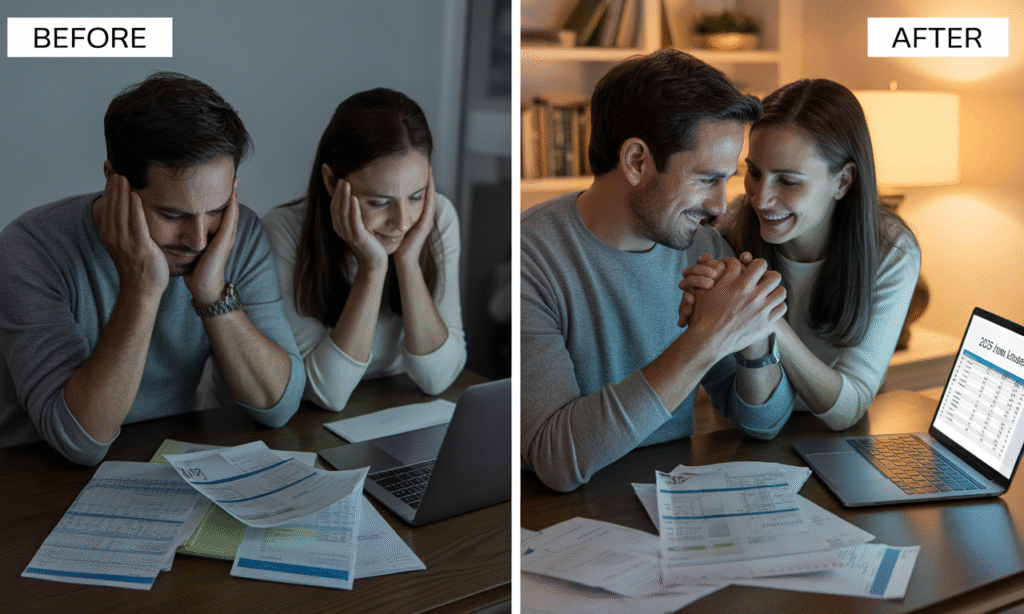 Couple transitioning from money-related stress to financial teamwork and joy