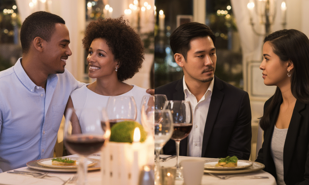 Two contrasting images of a couple: joyful on a first date, then frustrated during an argument, showing the arc of every relationship