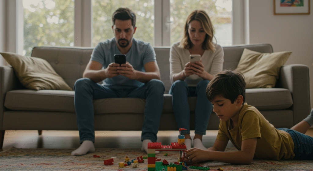 Parent distracted by parenting trends on phone while child plays nearby