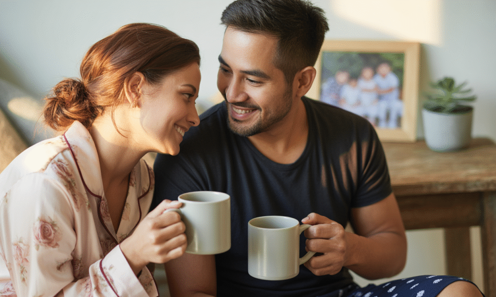 Married couple sharing a quiet morning coffee, reflecting connection and gratitude at the start of the day
