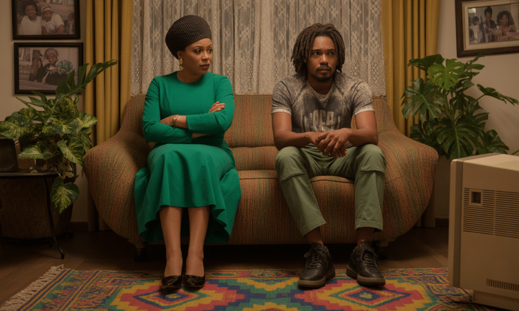 Frustrated married couple sitting apart, symbolizing emotional distance caused by blam