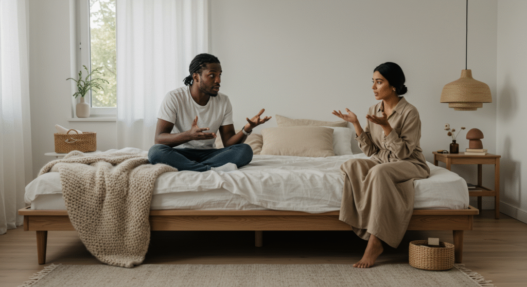 "Couple facing each other during a conflict, showing emotional honesty and the choice to stay engaged in the relationship