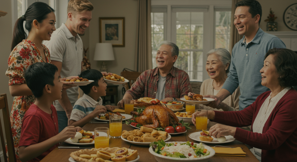 Cultural fusion holiday meal showing traditional dishes from both spouses’ backgrounds