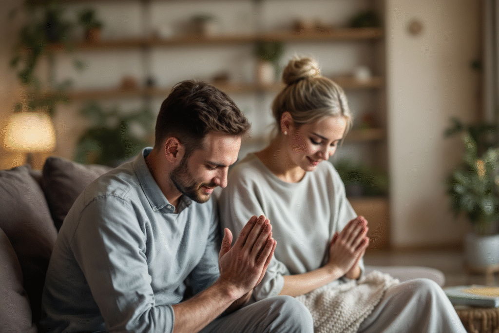 Married couple praying together at home, representing faith and unity as the foundation of their marriage