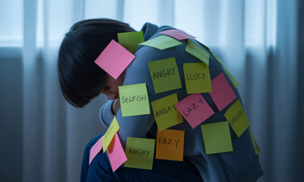 Person overwhelmed by negative labels, symbolizing emotional weight of verbal accusations