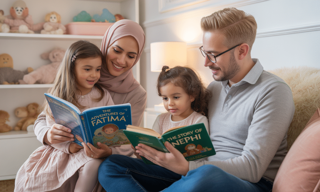 Parents reading faith-related stories from two different religions to their children