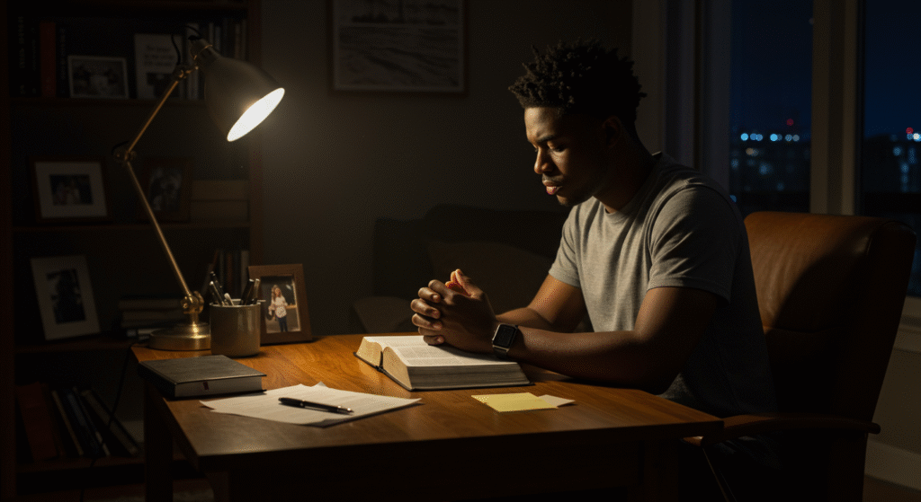 Individual praying with an open Bible, seeking wisdom and peace during marital conflict