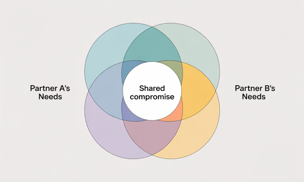 Illustration of balanced scales with two hearts, representing fair compromise in marriage