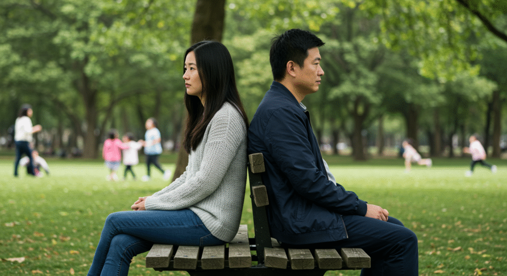 Married couple sitting apart on a bench, symbolizing emotional distance during a challenging season in their relationship