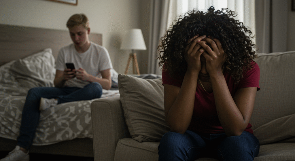 Emotionally overwhelmed partner sitting alone while spouse remains disengaged, symbolizing imbalance in marriage effort.