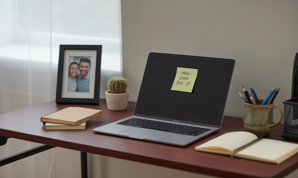 Love notes on the bathroom mirror from spouse, with words of affirmation.