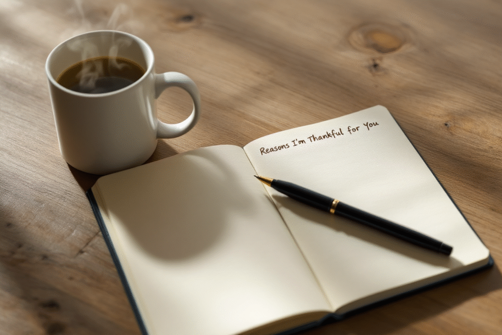 Gratitude journal listing reasons to appreciate a spouse, encouraging mindful love