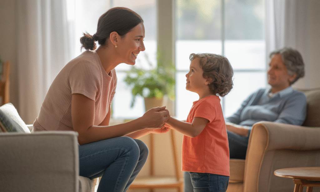 Parent calmly setting a boundary with extended family to protect their child