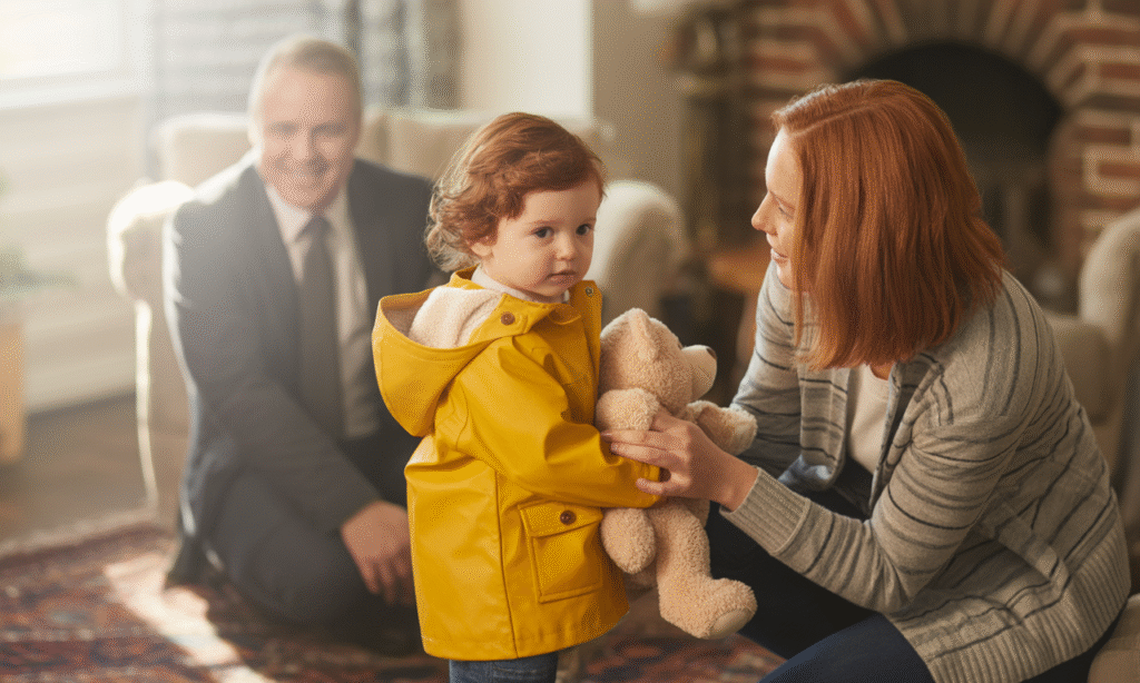 Parent empowering child to set healthy physical boundaries during family visit