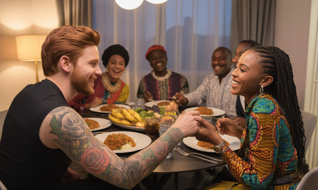 Multi-ethnic family gathering with different traditional dishes on the table”