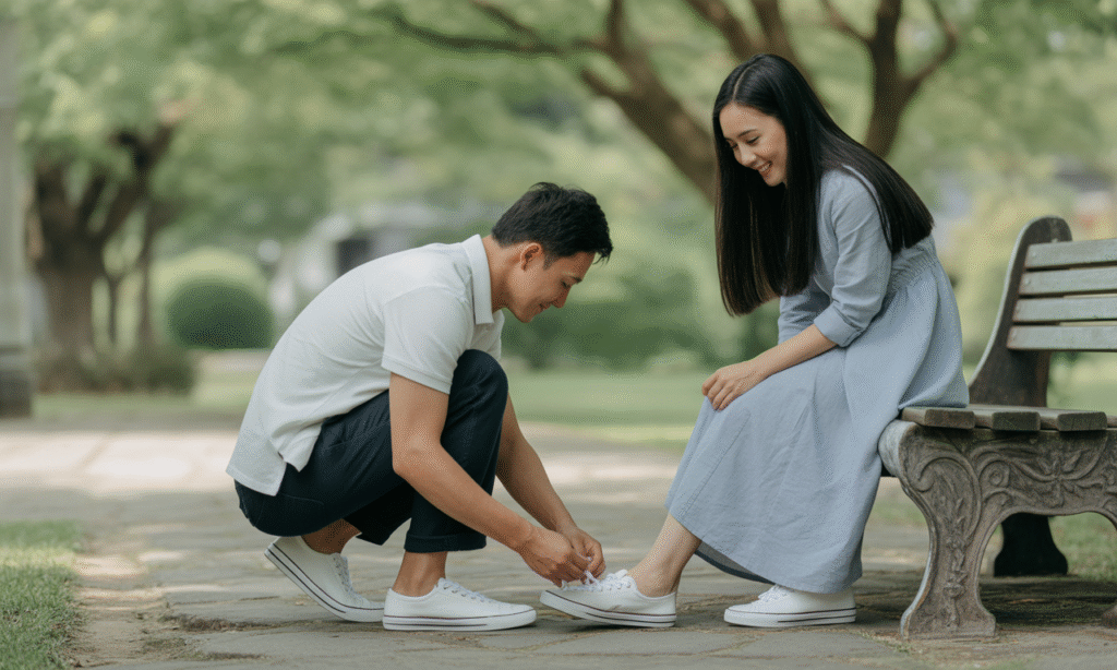Spouse helping their partner tie shoes, illustrating everyday acts of love and care in marriage