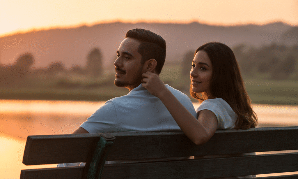 Married couple holding hands quietly on a bench at sunset, showing emotional presence and support.