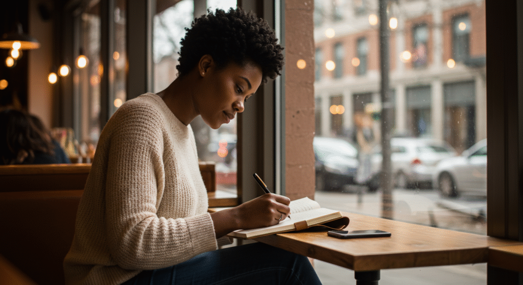 Individual journaling and reflecting near a window, symbolizing self-awareness and personal responsibility in marriage