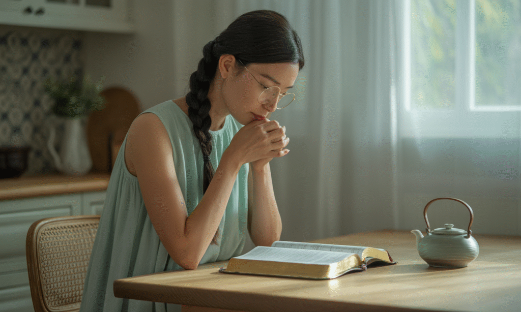 Woman praying alone with Bible, symbolizing spiritual strength in difficult marriages