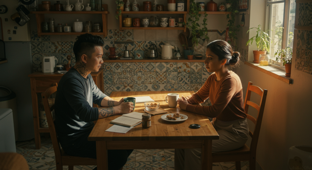 Married couple engaging in calm, respectful communication