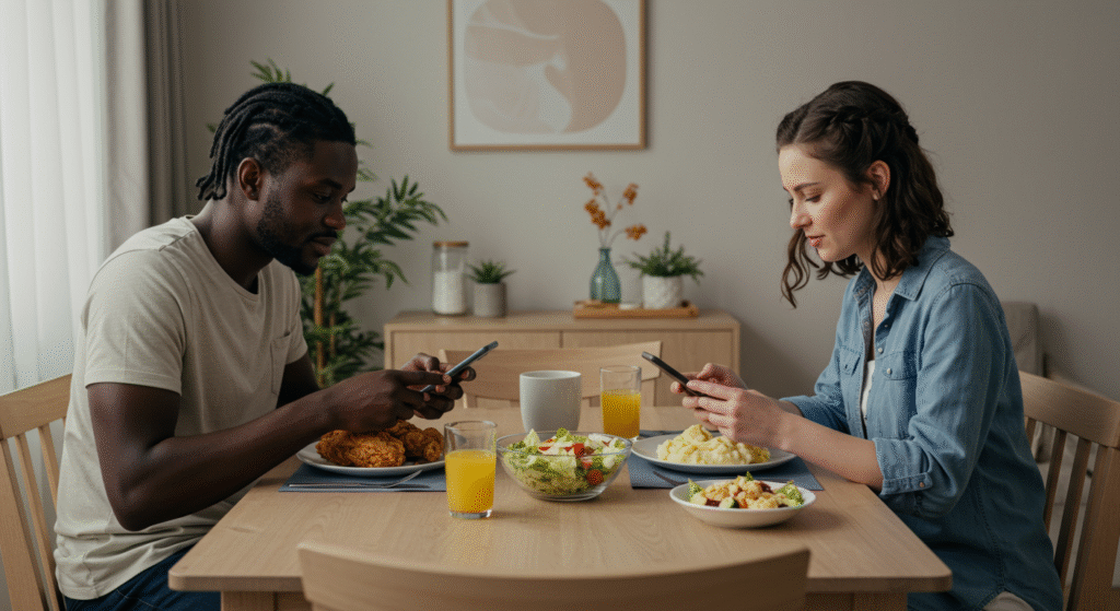 Married couple avoiding eye contact during dinner, symbolizing emotional disconnection and buried anger.