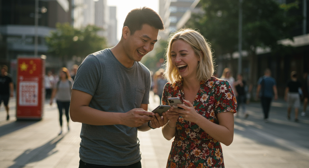 Interracial couple using a translation app to communicate and laugh together