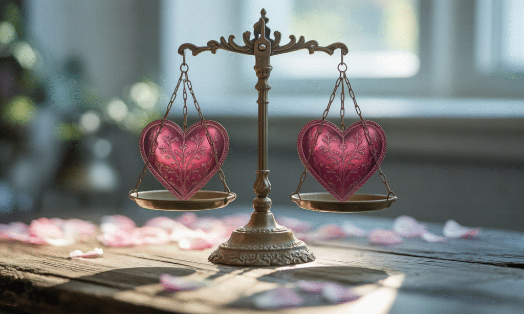 Illustration of balanced scales with two hearts, representing fair compromise in marriage
