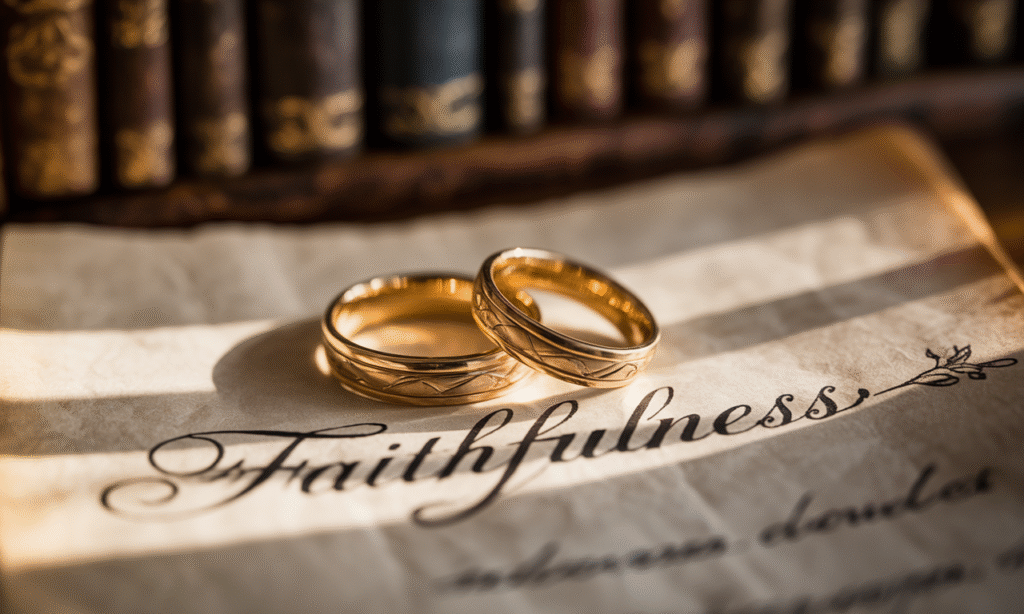 Close-up of wedding rings next to a page highlighting faithfulness and commitment