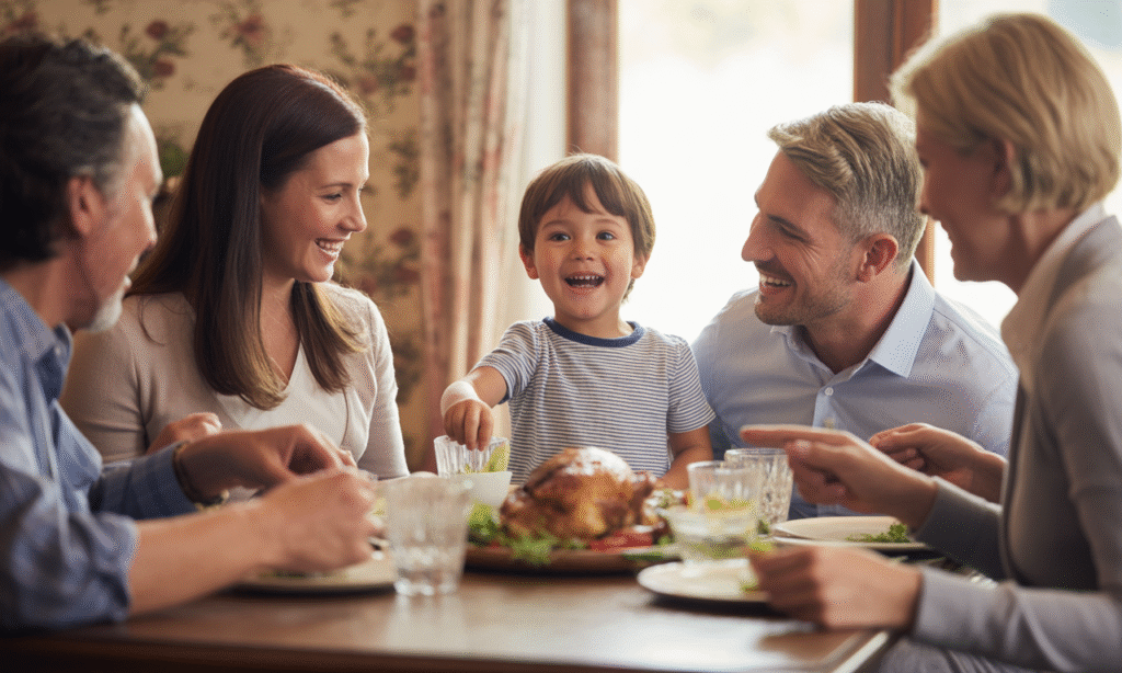 Child feeling safe and supported between parents during family gathering