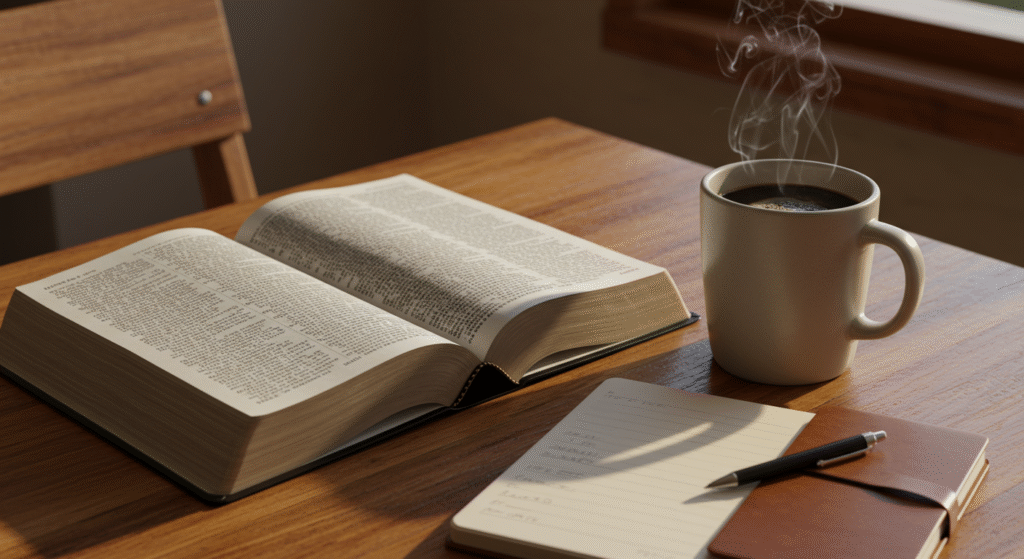 Open Bible with coffee and journal, representing a personal devotion and discovering worth through Scripture