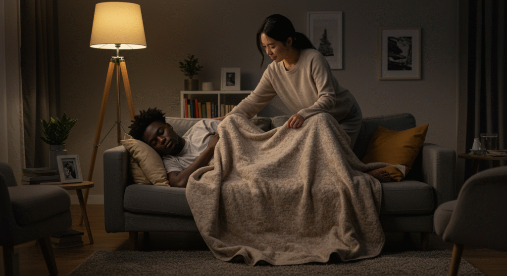 Spouse gently covering their partner with a blanket, showing quiet acts of love and daily service