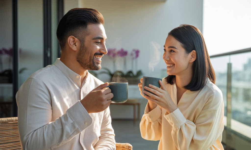 Happy married couple sharing coffee and laughter during a relaxed morning together.