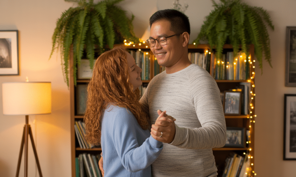 Husband and wife slow dancing at home, rekindling emotional and physical intimacy