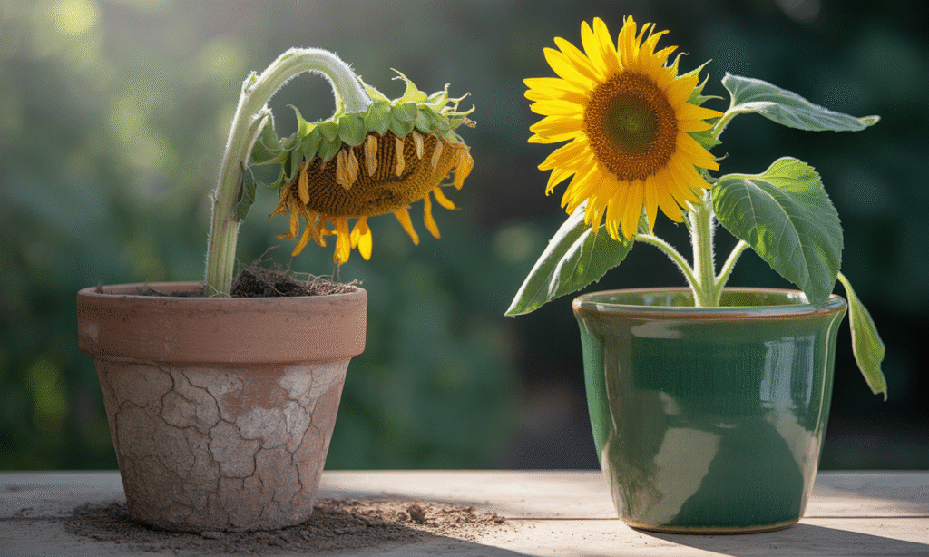 Side-by-side comparison of a wilted plant and a healthy one, metaphor for nurturing vs neglect in marriage