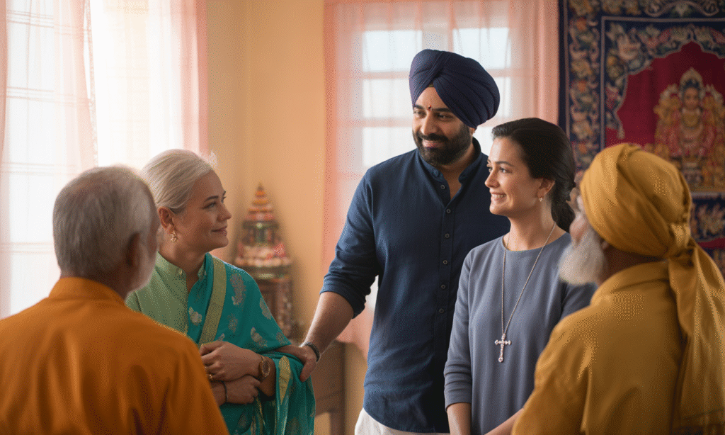 Interfaith couple discussing faith choices with extended family respectfully but firmly