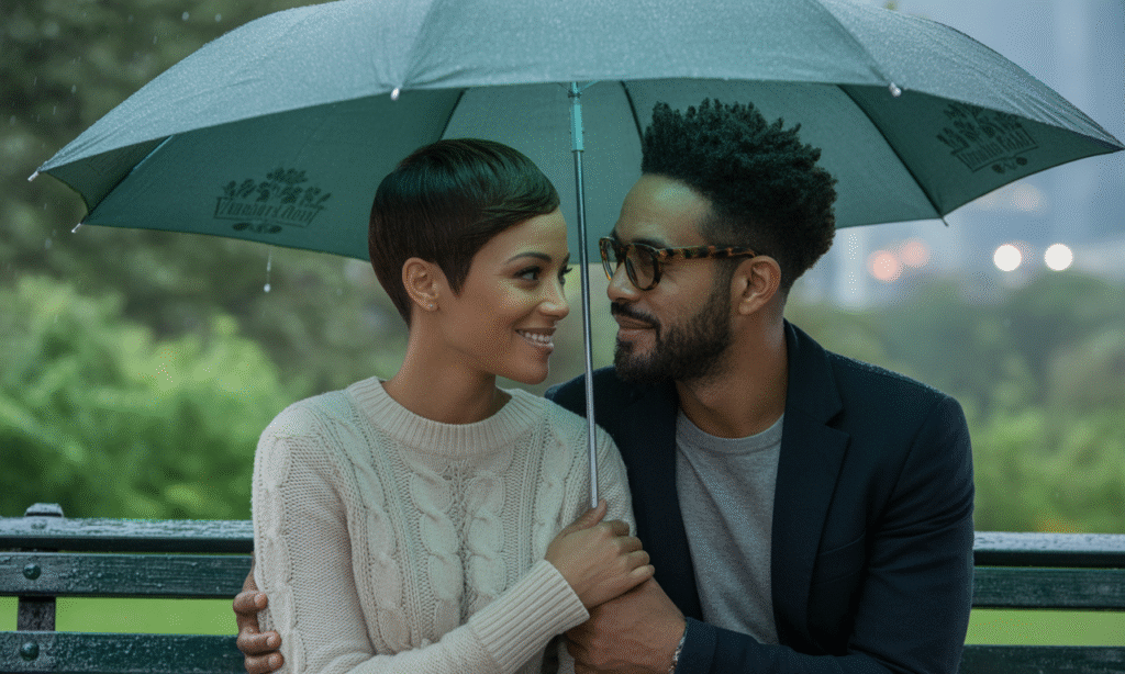 Married couple supporting each other through life’s storms under one umbrella