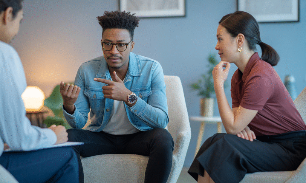 Married couple holding hands in therapy, committed to working through relationship struggles