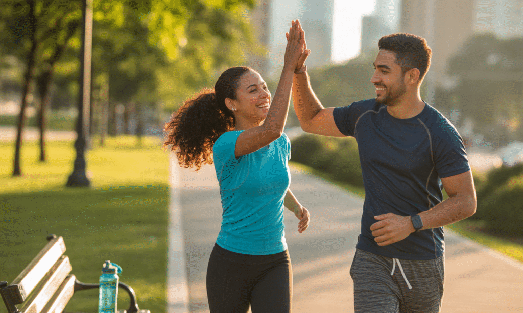 Married couple celebrating small victory by high-fiving each other after completing a shared task.