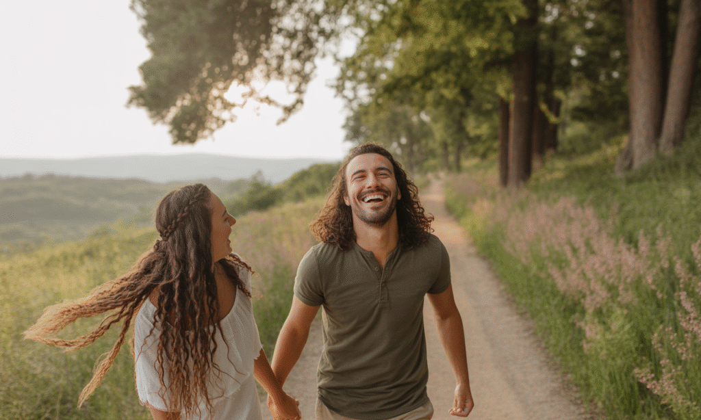 Emotionally connected married couple walking and laughing together outdoors.