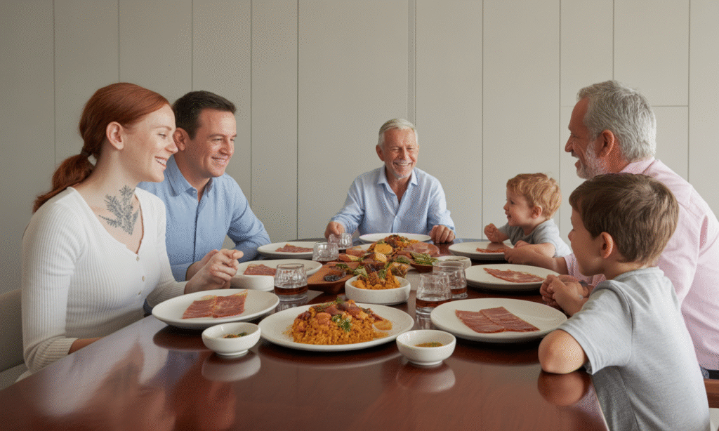 Parents respectfully discussing modern parenting choices with grandparents at dinner
