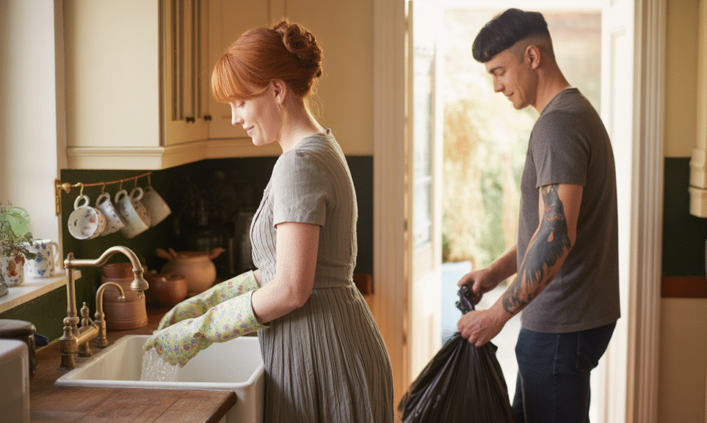 Husband and wife cleaning the kitchen together after dinner, showing quiet teamwork