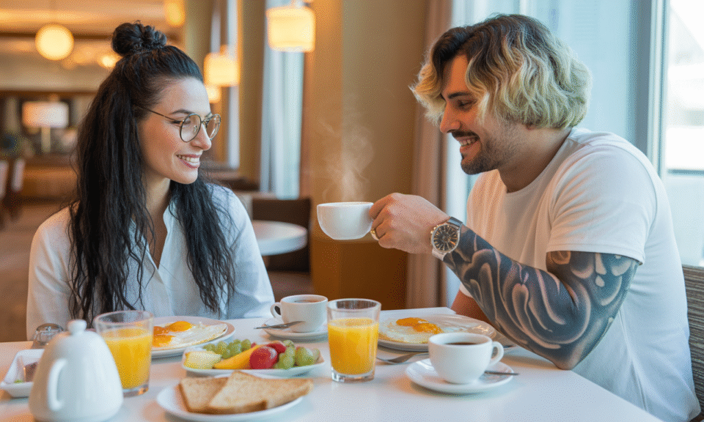 Married couple enjoying an intimate breakfast, showing presence and connection in daily life