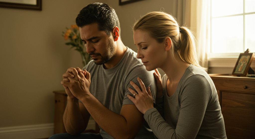 Husband and wife praying together, symbolizing emotional and spiritual support.