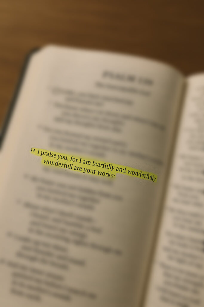 Open Bible with Psalm 139:14 highlighted – 'I praise you because I am fearfully and wonderfully made