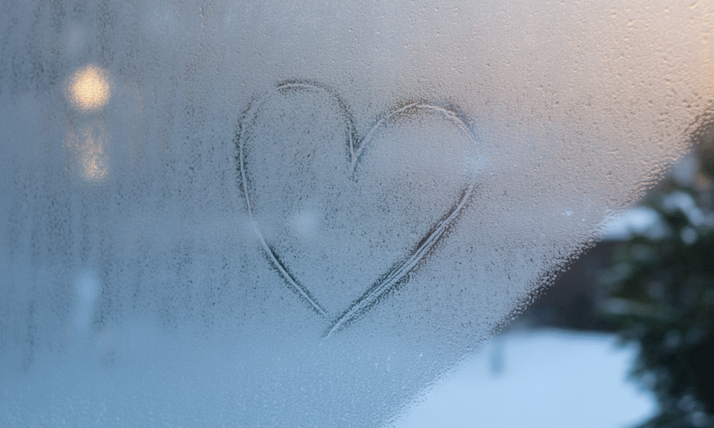 Faded heart drawn on a foggy window, symbolizing quiet disconnection and emotional fading in a relationship.”