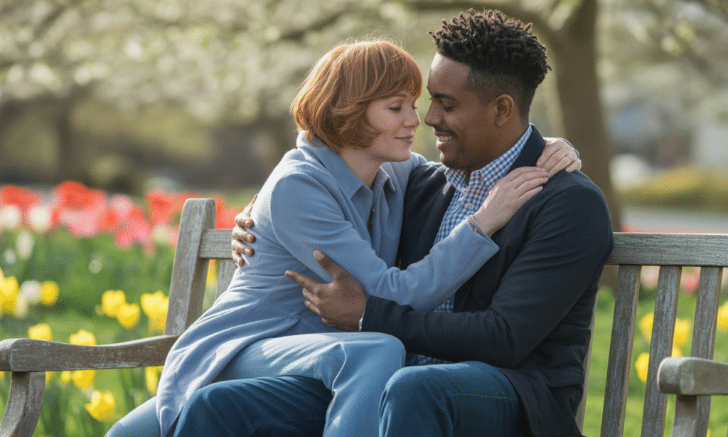 Spouse comforting each other with a hug after a tough moment, showing grace and emotional safety