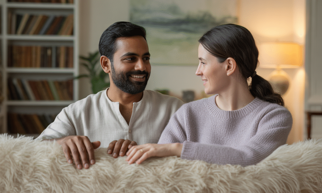 Spouses from different religions having a respectful faith conversation at the table”